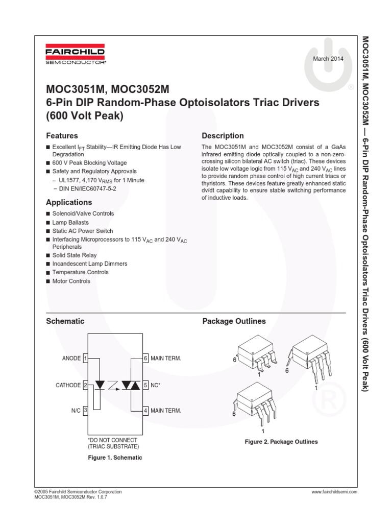 MOC3051M, MOC3052M 6Pin DIP RandomPhase Optoisolators Triac Drivers