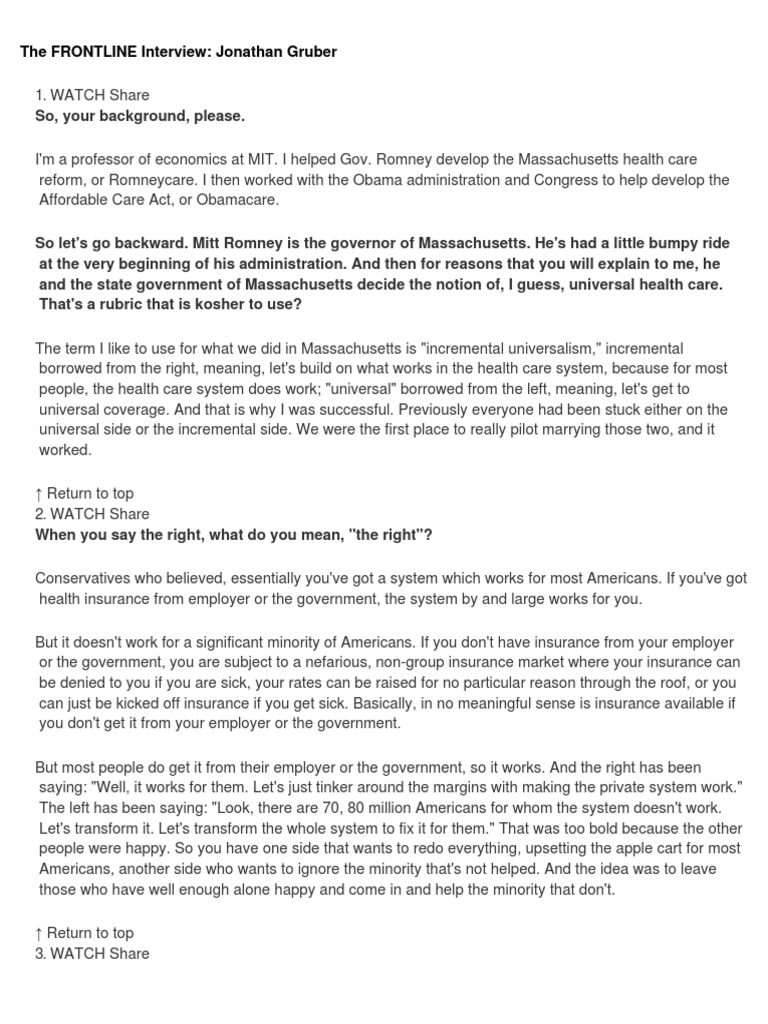 Frontline Interview Gruber 2012 | PDF | Patient Protection And ...