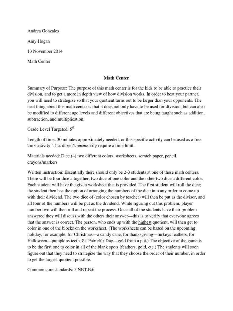 Division Strategy Math Center Activity | PDF | Division (Mathematics ...