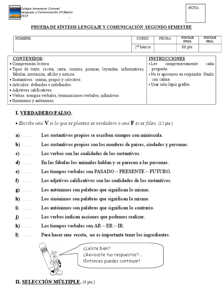 Prueba de Lenguaje 2º Básico | PDF | Verbo | Adjetivo