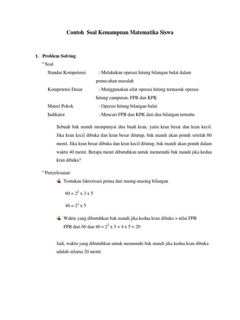Contoh Soal Kemampuan Matematika Siswa 1 Problem Solving