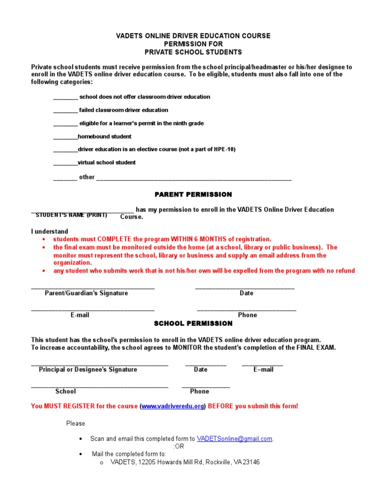 VADETS Online Driver Ed Permission Form | PDF