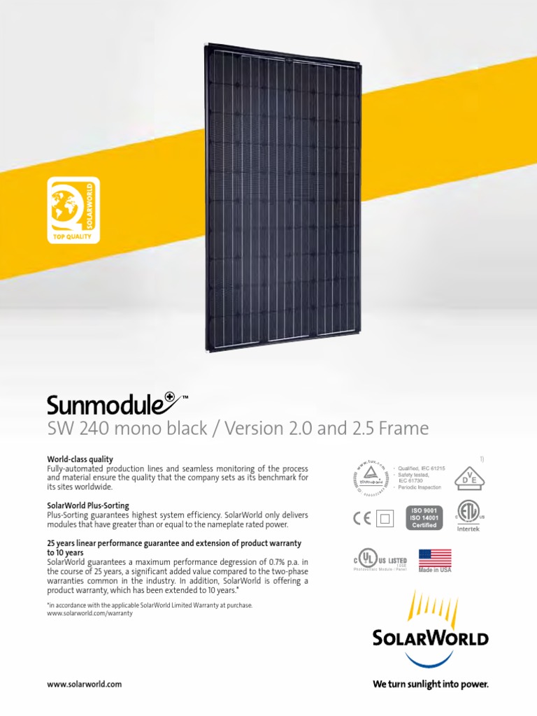 SolarWorld SW 240 Mono Black Specs | PDF | Solar Panel | Electrical ...
