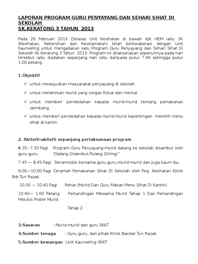 Laporan Program Guru Penyayang Dan Sehari Sihat Di Sekolah Sk
