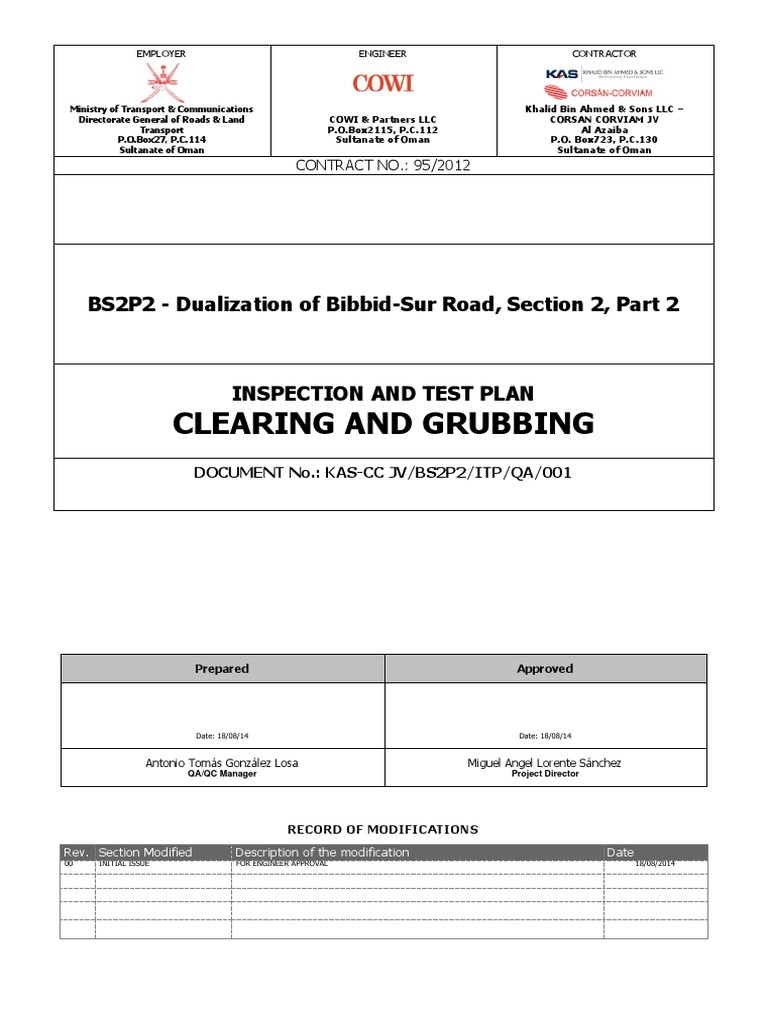Inspection Plan for Clearing and Grubbing | PDF | Specification ...