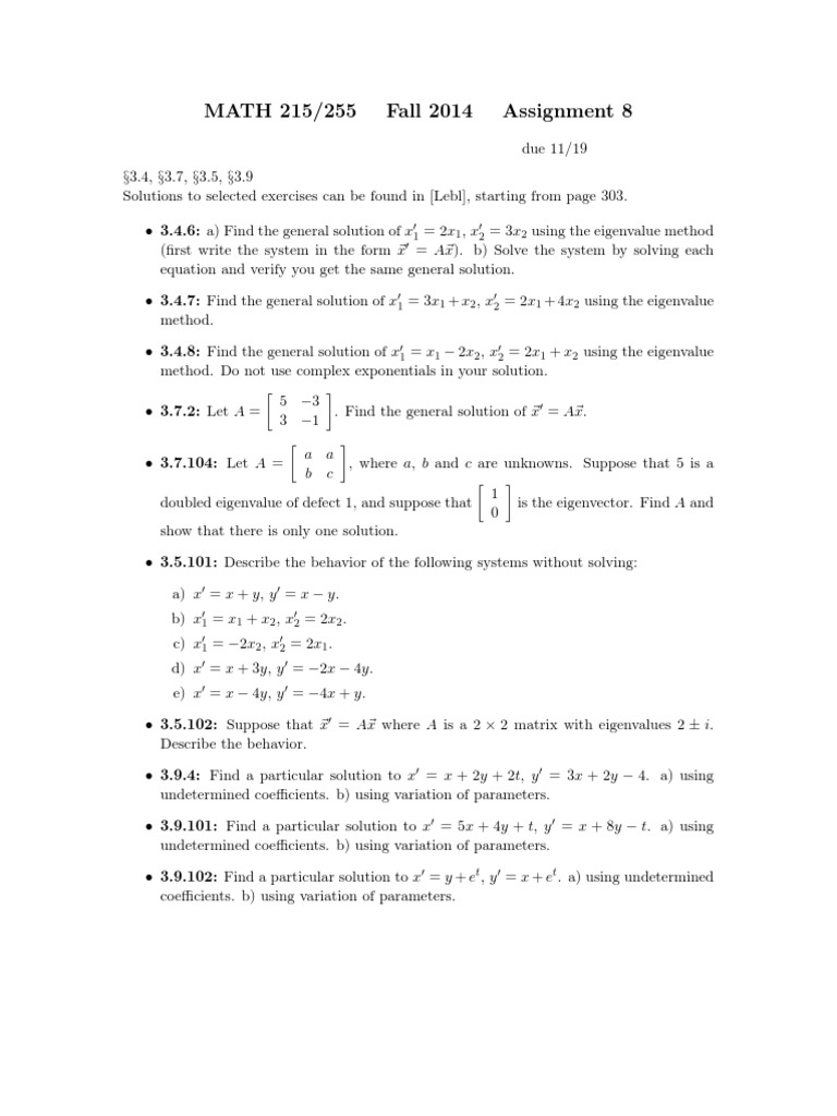 MATH 215/255 Fall 2014 Assignment 8 | PDF | Eigenvalues And ...
