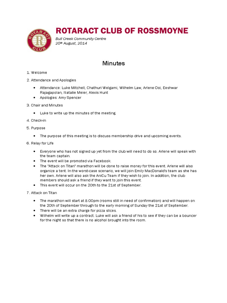 14 08 17 - Rotaract Club of Rossmoyne Minutes | PDF | Home & Garden