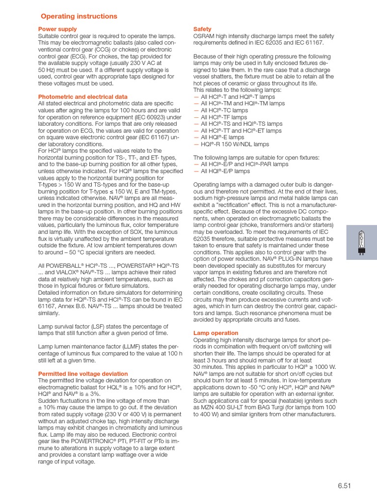 Operation Instructions High Pressure Discharge Lamps GB PDF