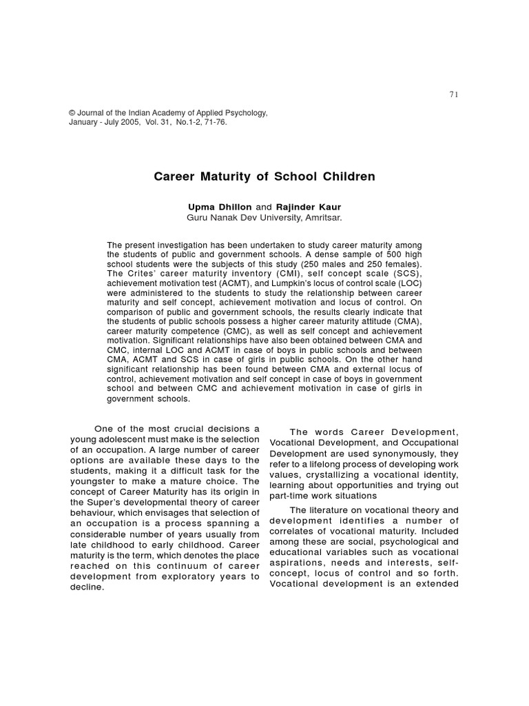 Career Maturity of School Children | PDF | Self Concept | Neuroscience