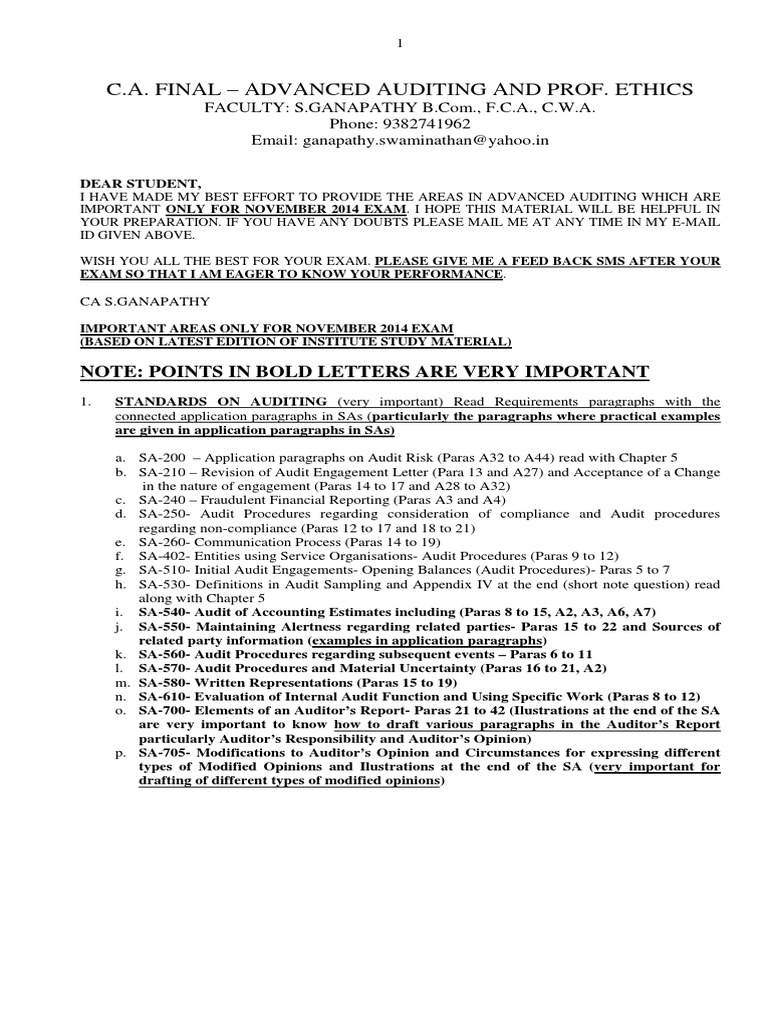 CA Final Auditing Exam Guide 2014 | PDF | Financial Audit | Auditor's ...