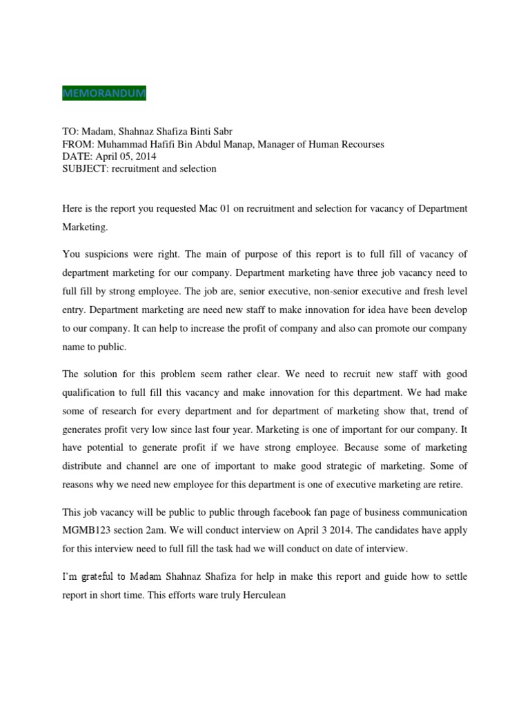 Memorandum Job Interview Employment