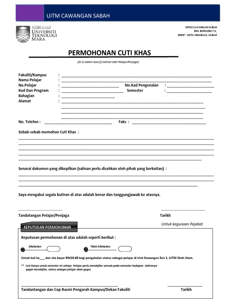 Permohonan Cuti Khas Uitm Pdf