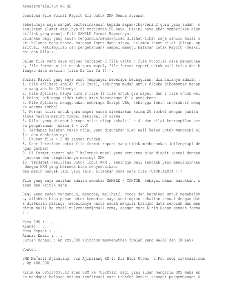 Download File Format Raport K13 Untuk Khusus SMK