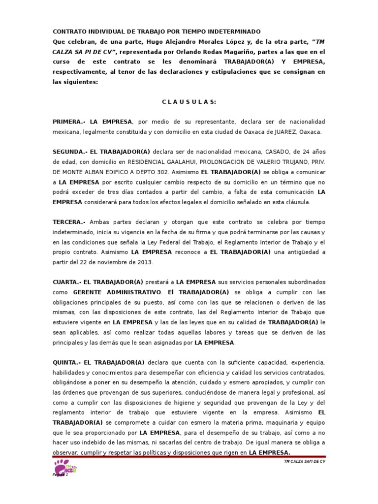 Ejemplo De Contrato Individual De Trabajo Salario