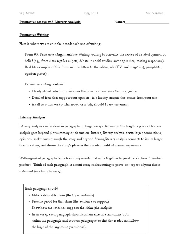 Literary Analysis Handout PDF Essays The Yellow Wallpaper