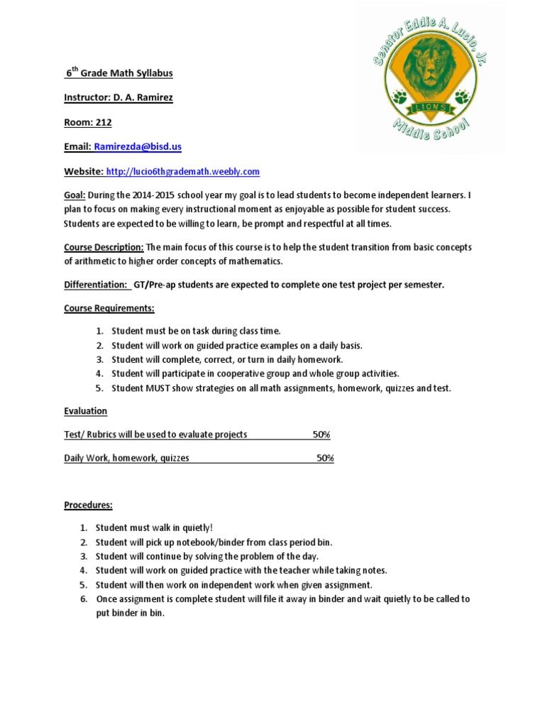 6th Grade Math Syllabus 2014-2015 | PDF | Homework | Quality Of Life