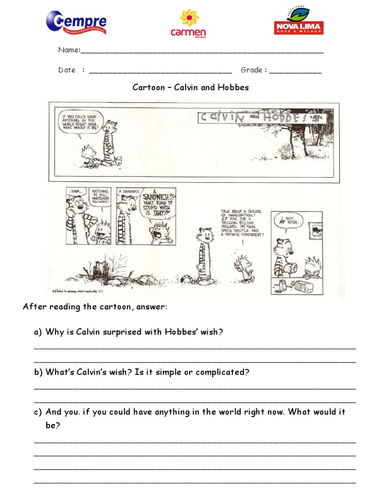 Calvin and Hobbes Wish Analysis Worksheet | PDF | Language Arts ...