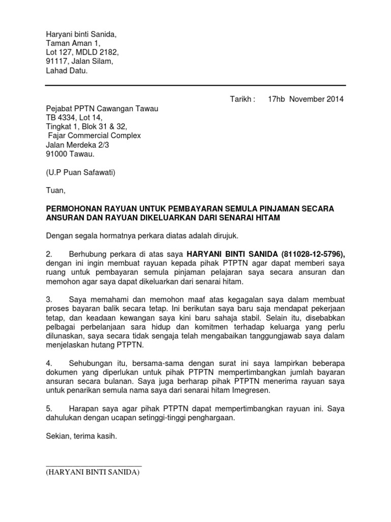 Contoh Surat Memohon Melanjutkan Bayaran Ansuran