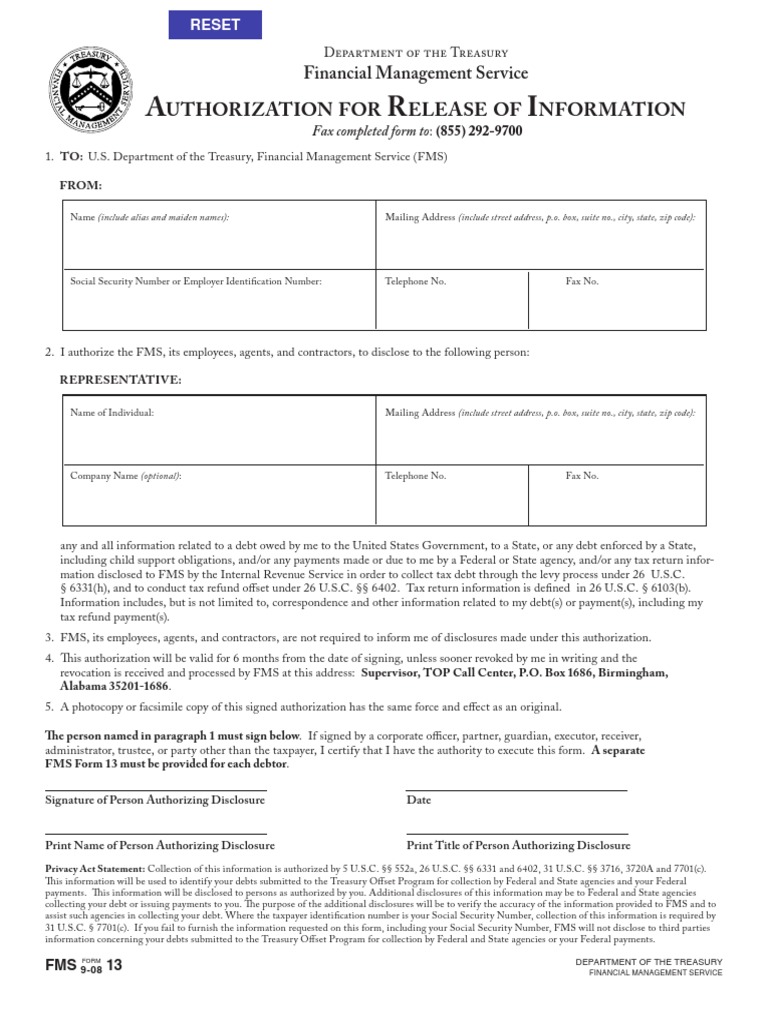 Request for Freedom of Information Act FMS 13 dmconsent United States