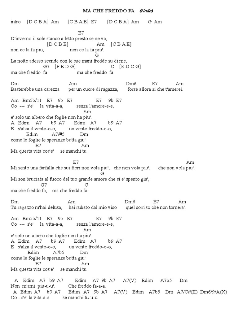 MA CHE FREDDO FA Nada - Accordi/ Guitar Chords | PDF