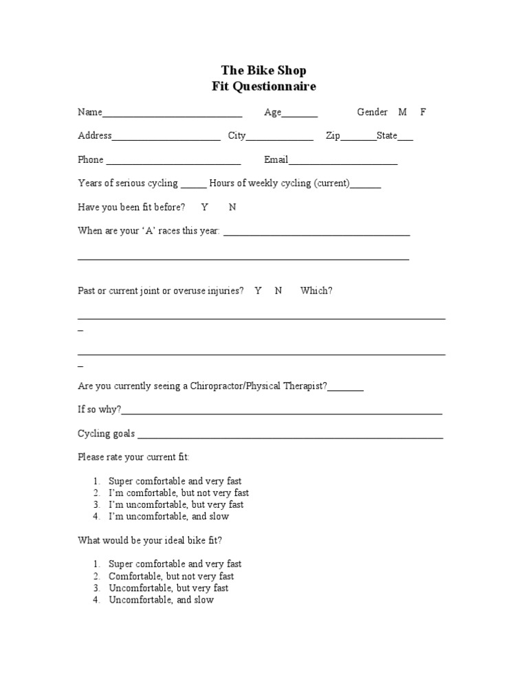The Bike Shop Fit Questionnaire | PDF | Adventure Travel | Outdoor ...