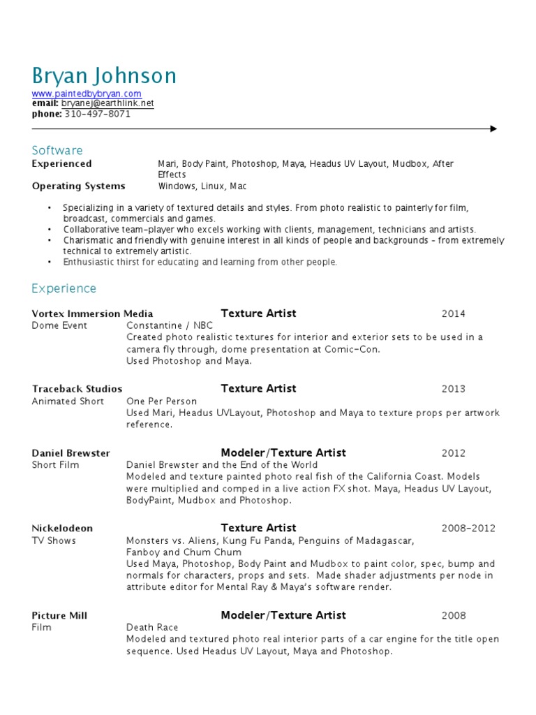 Bryan Johnson Resume 2014c | PDF | Autodesk Maya | Texture Mapping