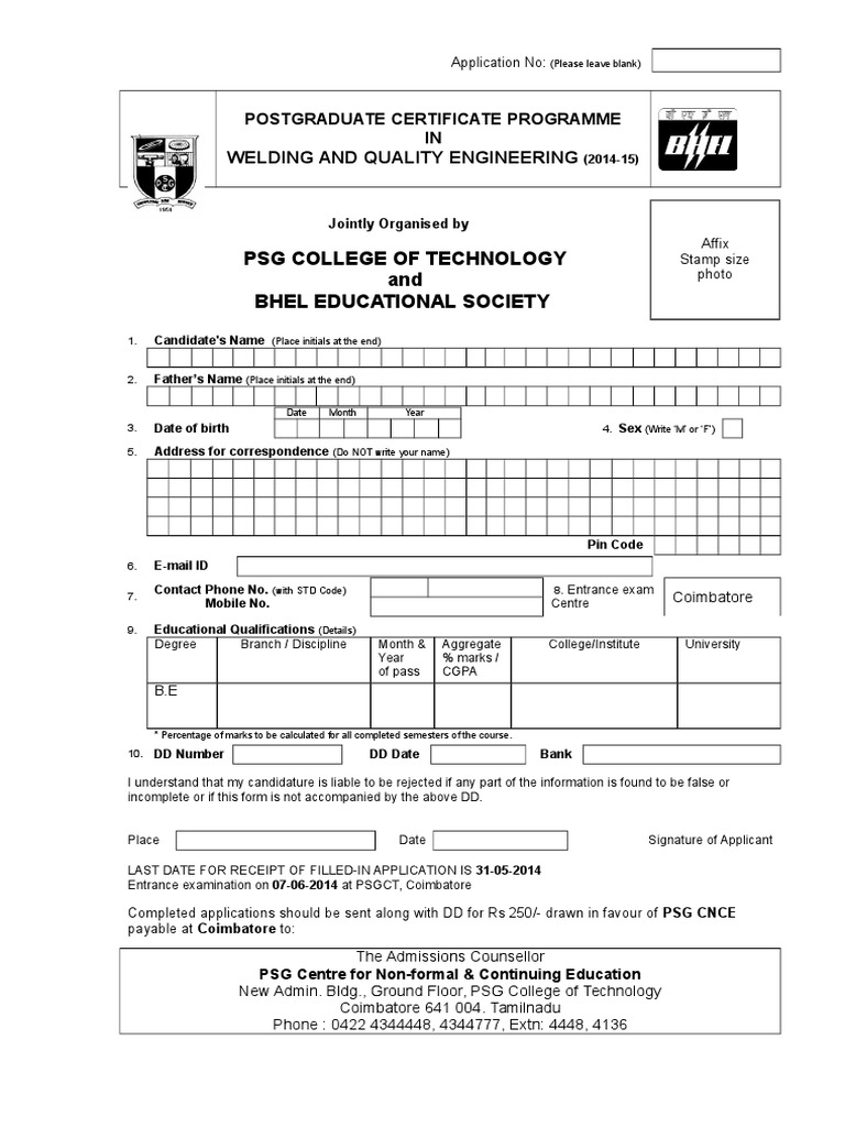 PSG College Application Form 2014-15 | PDF