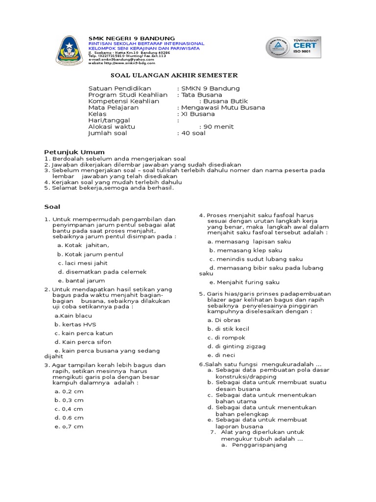 Soal Ujian Semester Kejuruan Tata Busana Smk Kls Xi