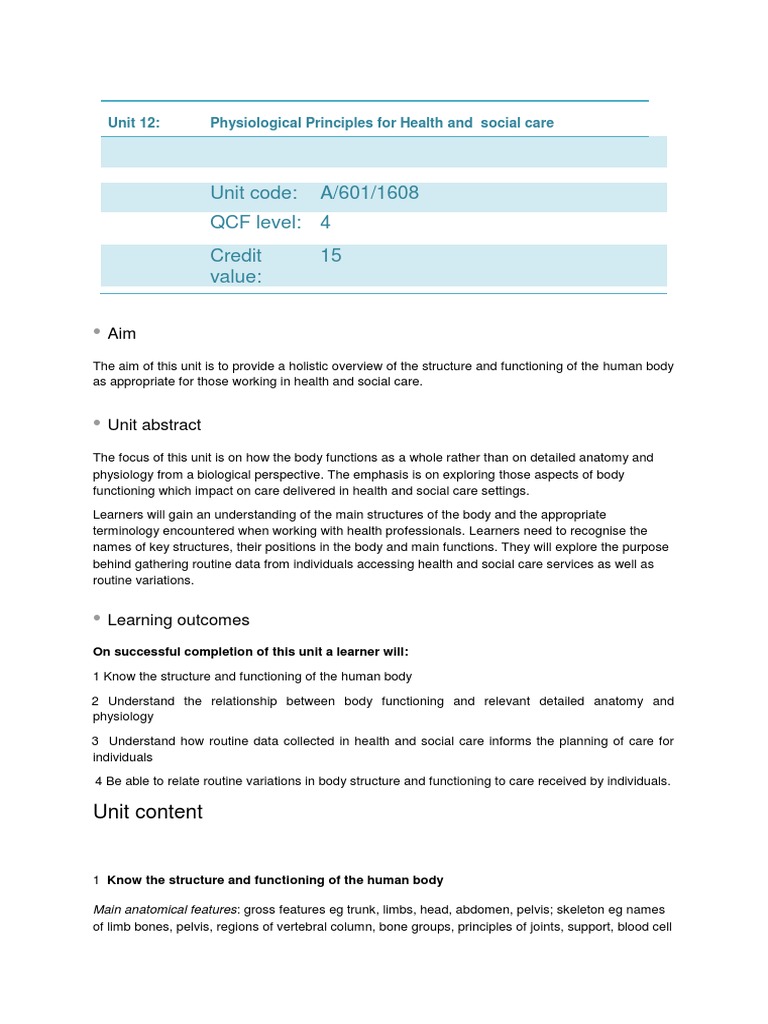 Unit 12 Physiological Principles For Health and Social Care | PDF ...