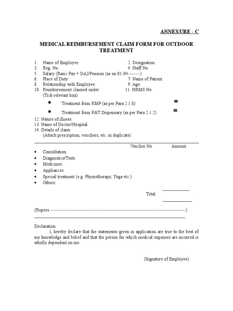 Annexure C Medical Reimbursement Claim Form For Outdoor Treatment PDF