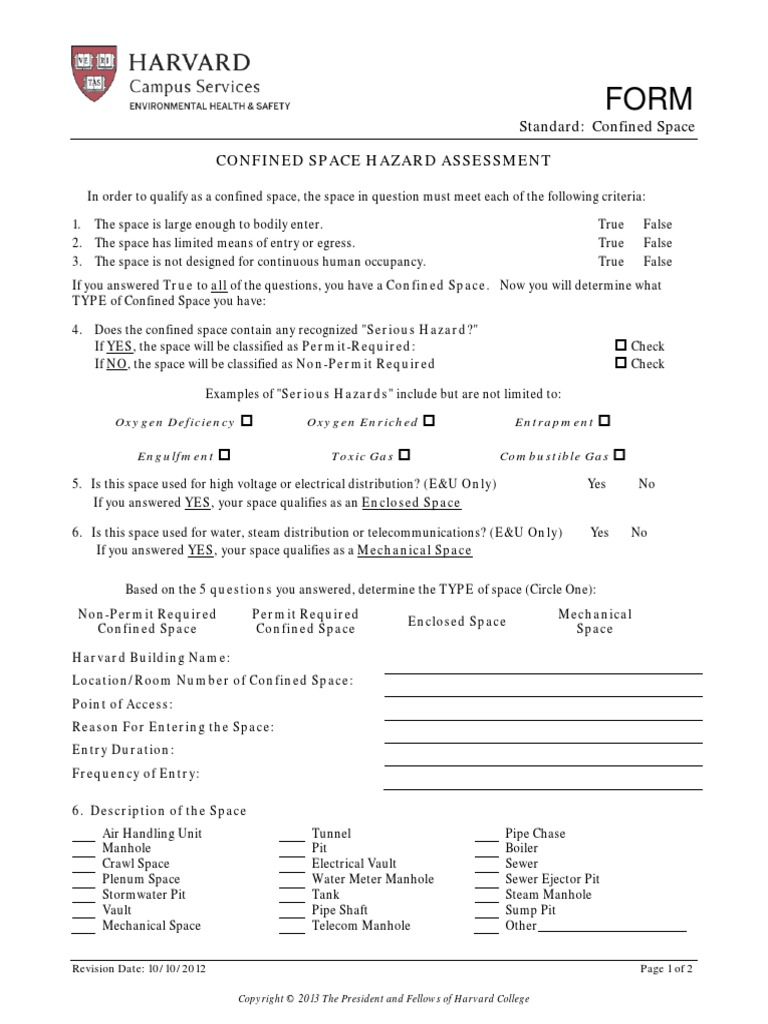 Confined Space Hazard Assessment Form | Safety | Nature