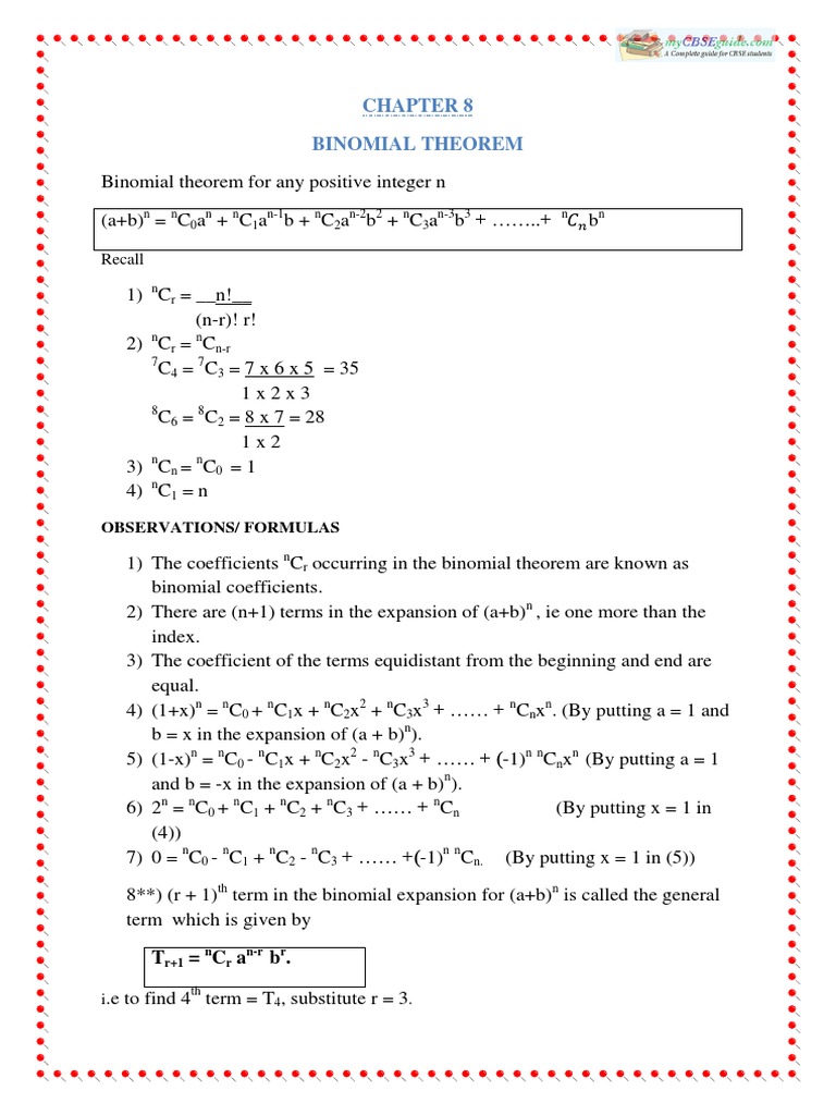 11 Maths Notes 08 Binomial Theorem Pdf Combinatorics Complex Analysis