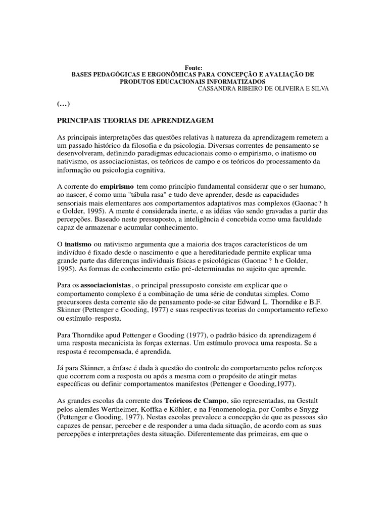Principais Teorias da Aprendizagem | PDF | Psicologia Cognitiva ...