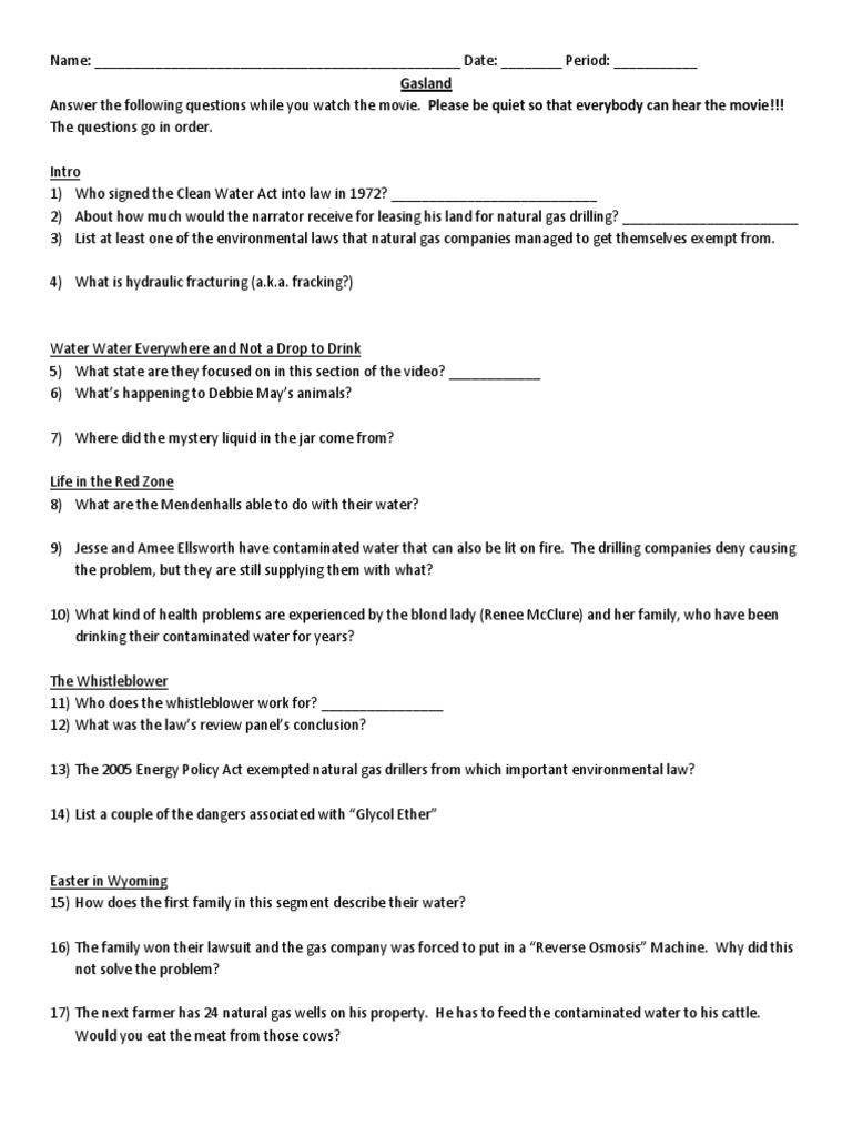 Gasland Video Sheet Pdf Environmental Issues Natural Environment