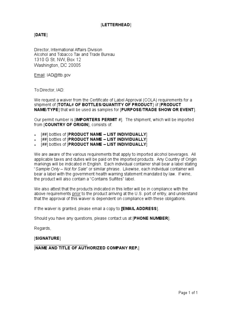 COLA Waiver Request for Sample Shipment | PDF | Cooking, Food & Wine