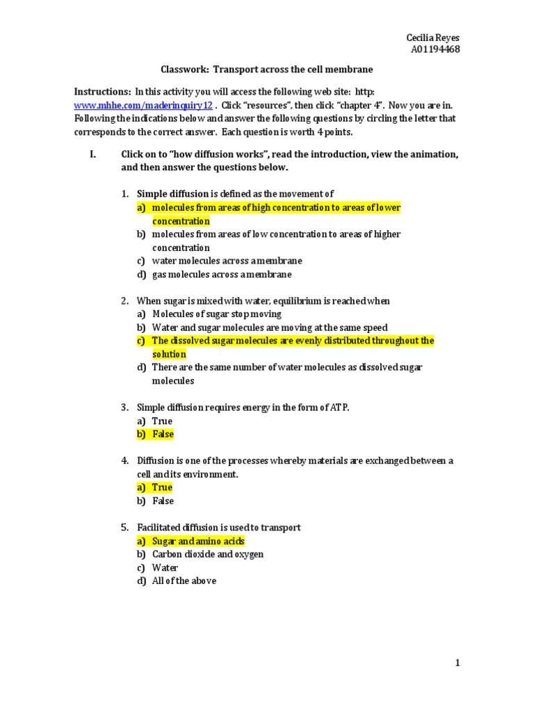 Classwork Transport Across The Cell Membrane | PDF | Cell Membrane 