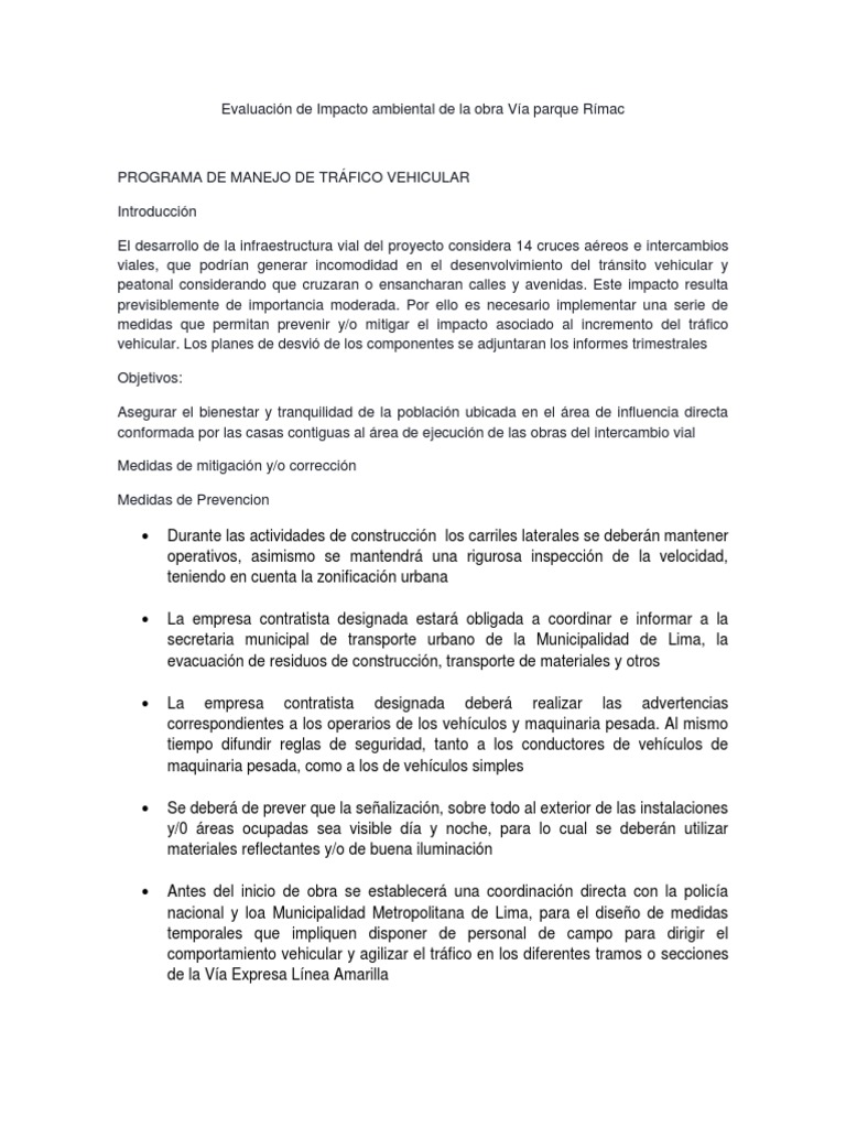 Impacto Ambiental y Manejo de Tráfico Vía Rímac | PDF | Transporte ...