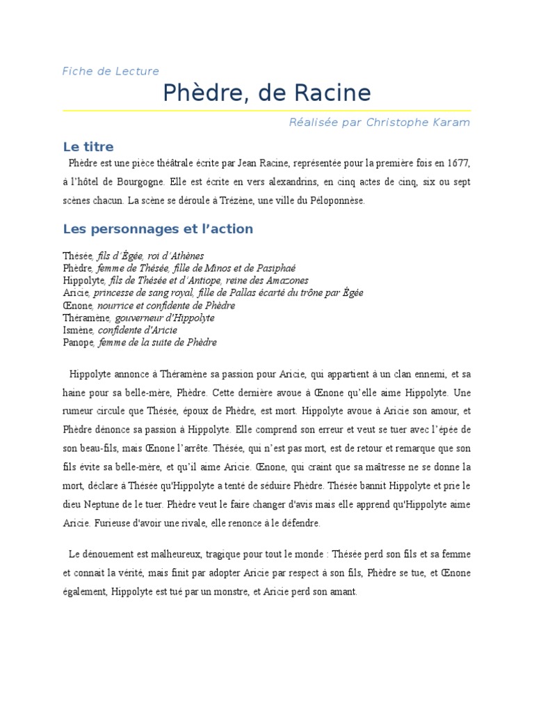 Lecture de Phèdre Fiche de lecture : Phèdre de Racine - Mister Prépa