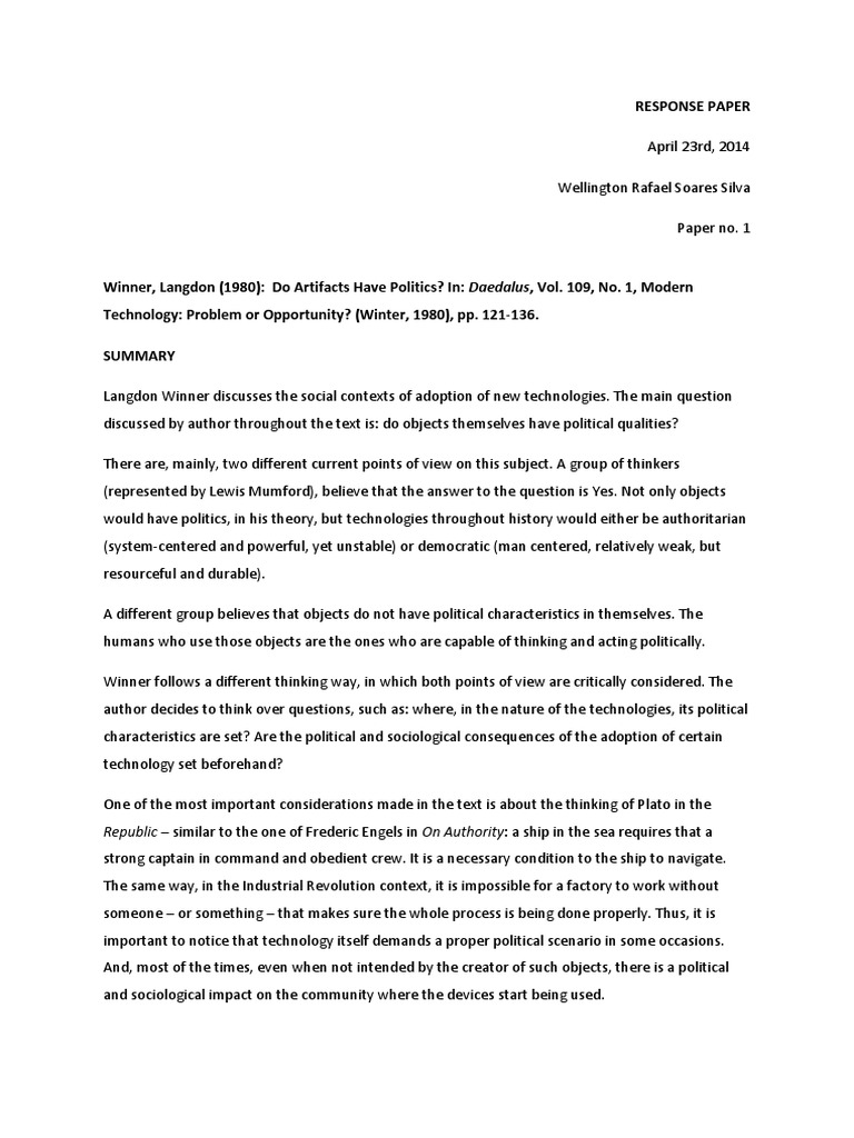Response Paper To: Do Artifacts Have Politics? by Langdon Winner | PDF ...