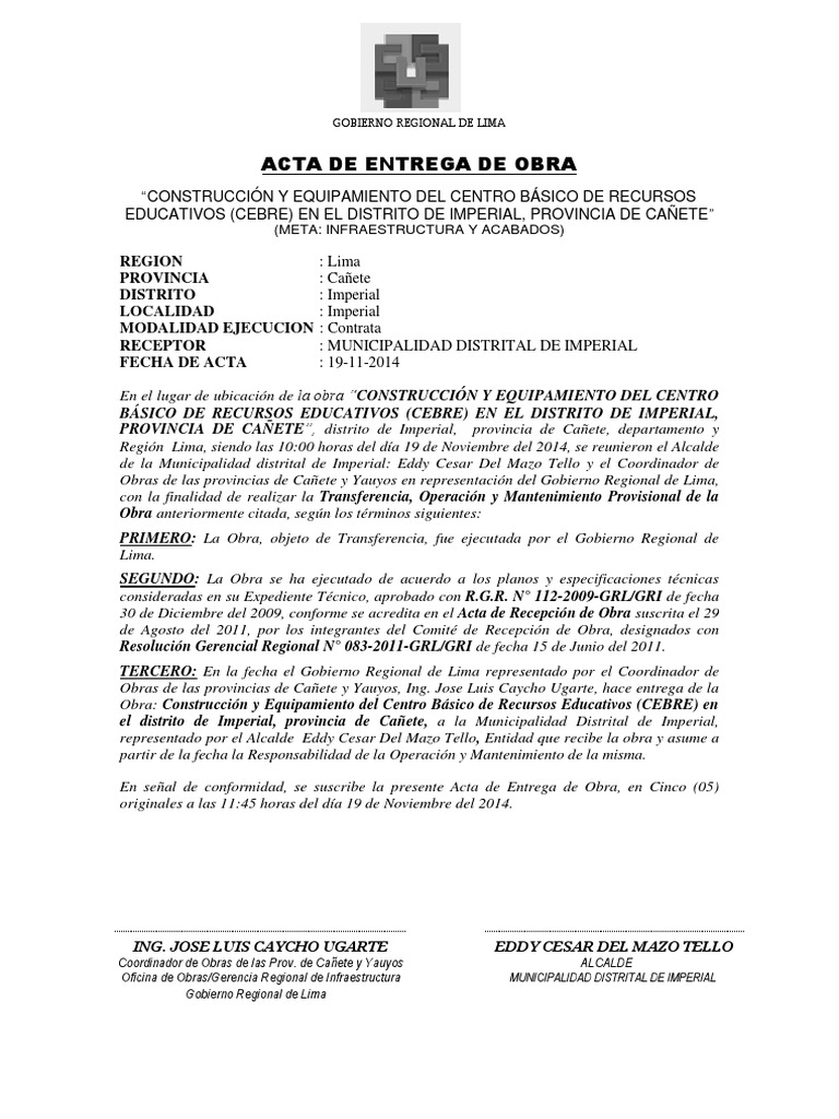 Acta de Entrega de Obra Cebre | PDF