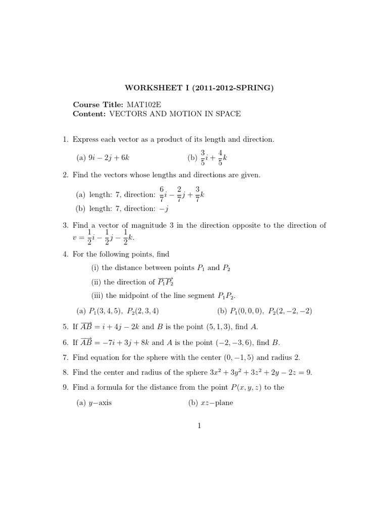 Worksheet Vectors 2012spring | Plane (Geometry) | Euclidean Vector