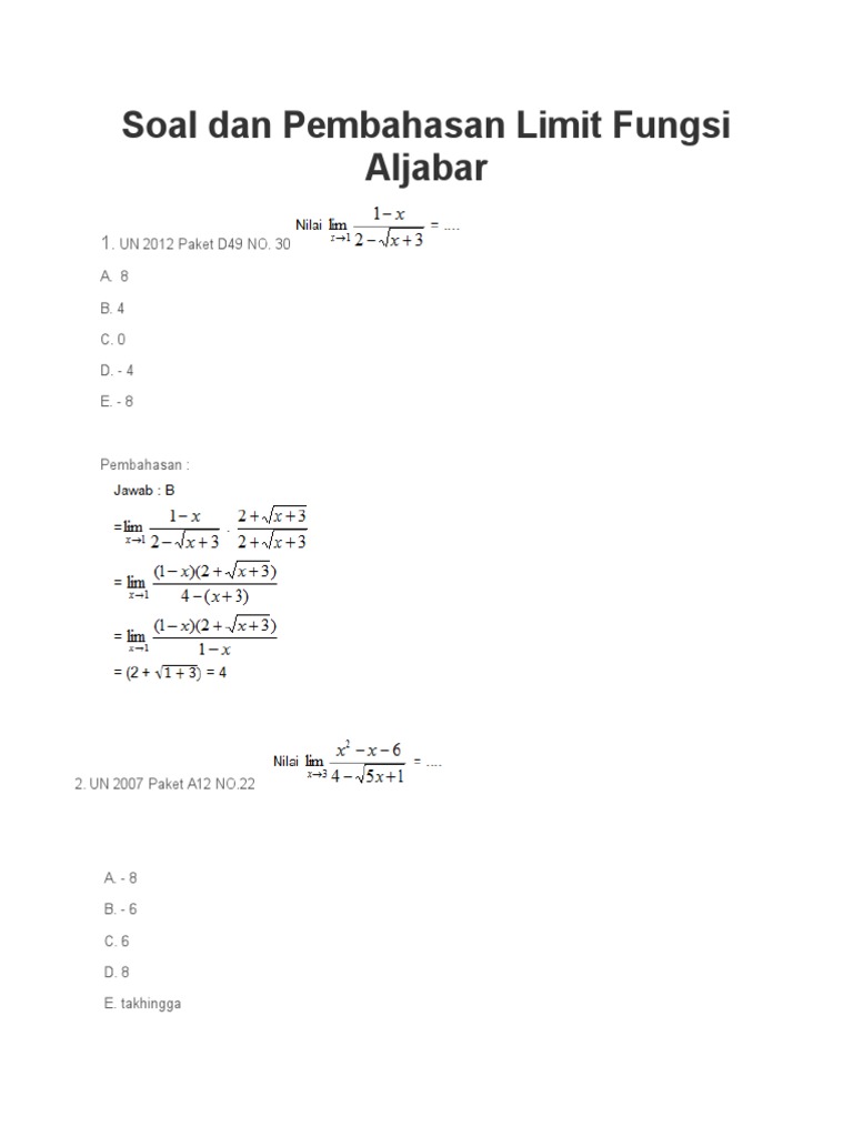 Soal Dan Pembahasan Limit Fungsi