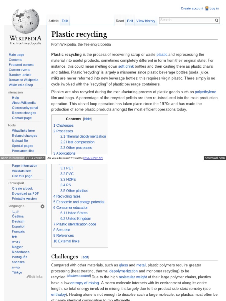 Wikipedia Plastic Recycling | PDF | Organic Polymers | Recycling