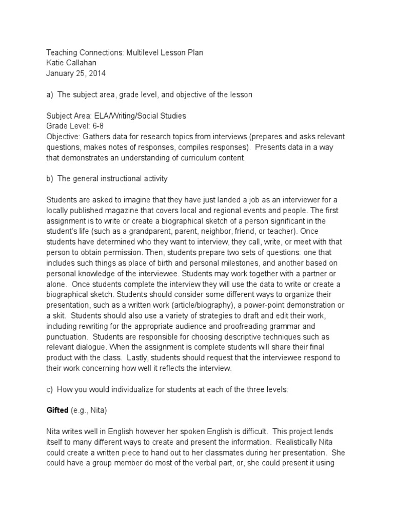 Diff 515 - Multilevel Lesson Plan | PDF | Curriculum | Lesson Plan