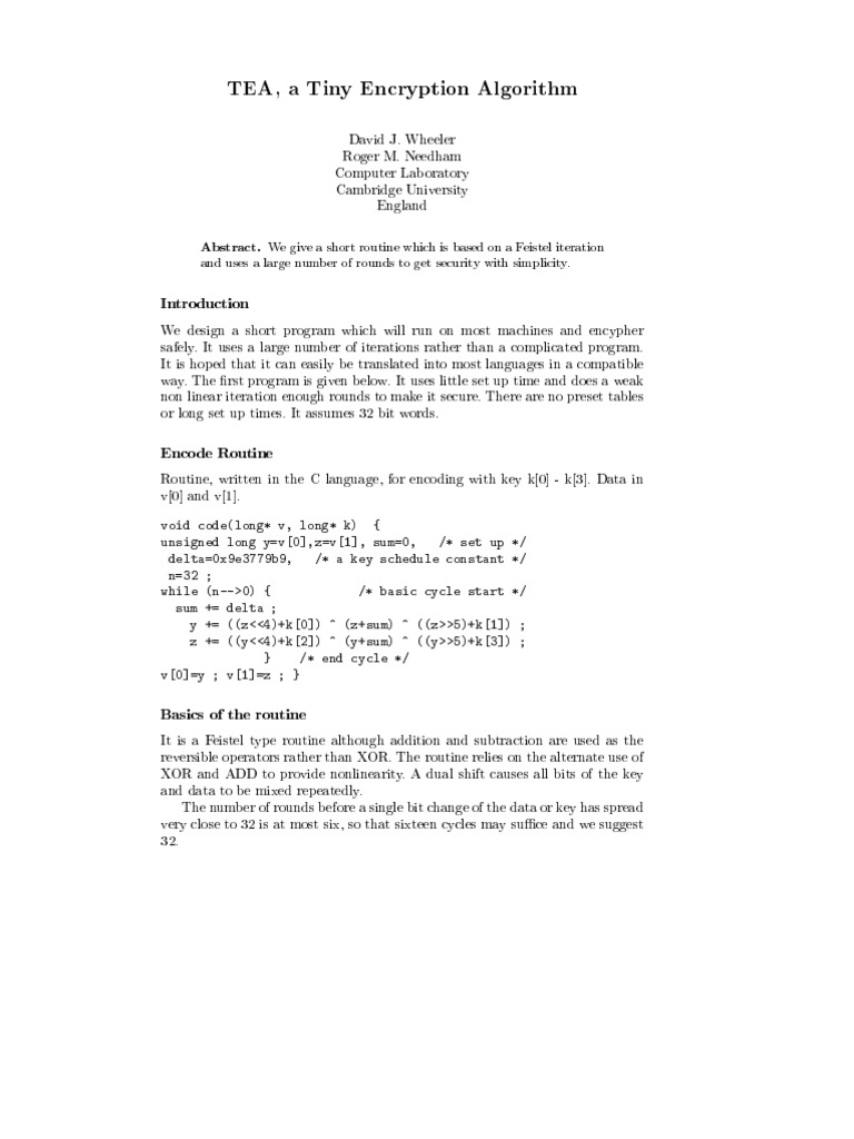 TEA, A Tiny Encryption Algorithm | PDF | Algorithms | Areas Of Computer ...