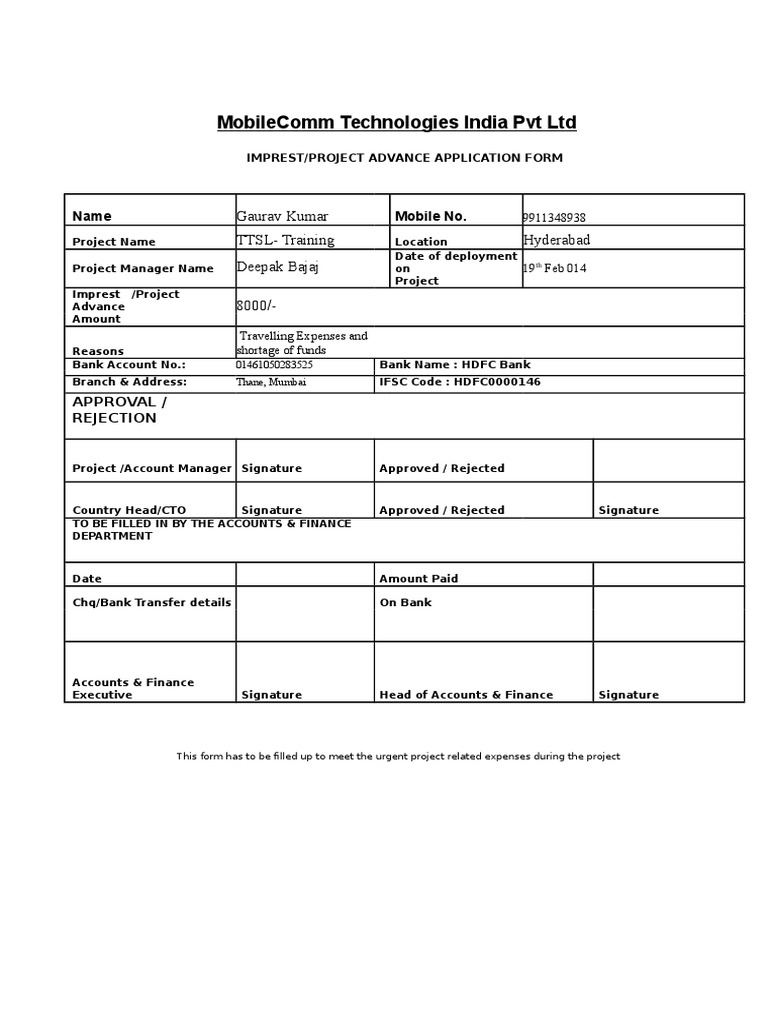 TTSL Project Advance Application Form | PDF