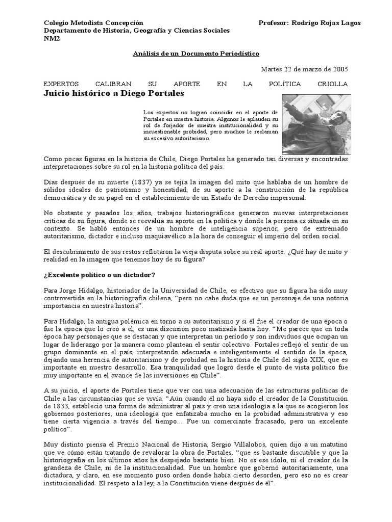 Análisis del Rol de Diego Portales | PDF | Historiografía | Chile