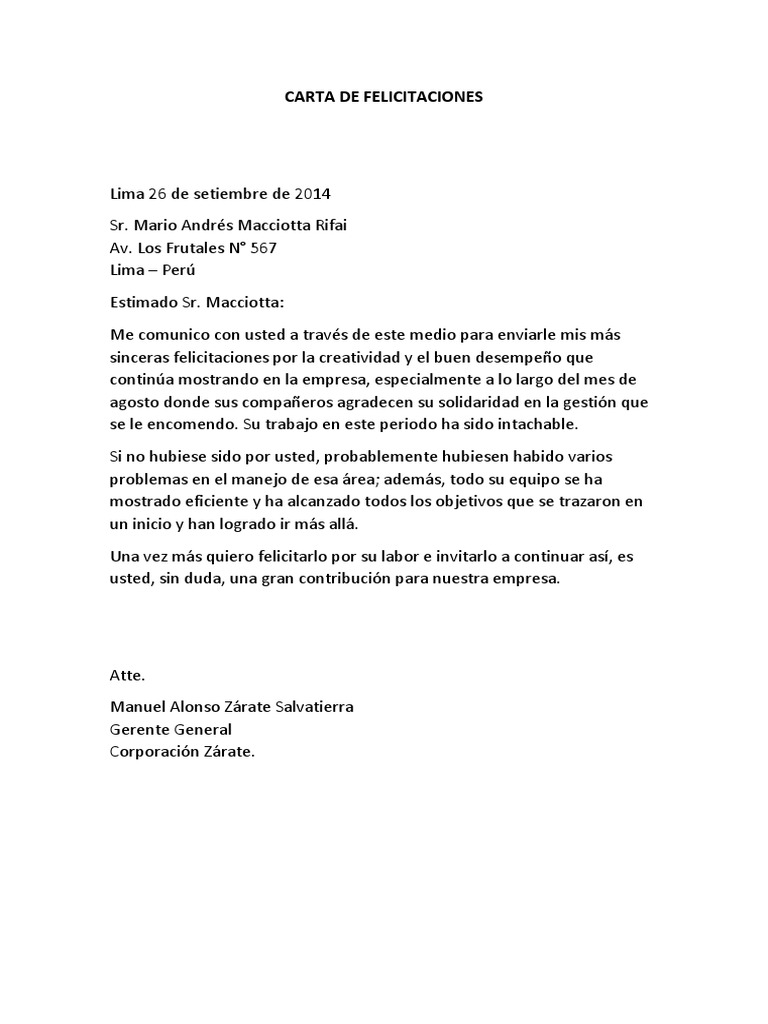 Carta de Felicitaciones