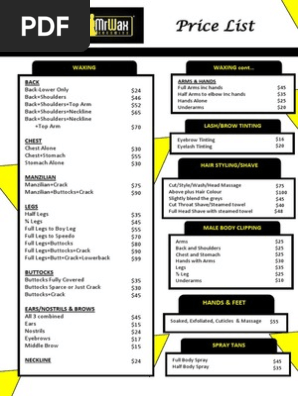 salon price list