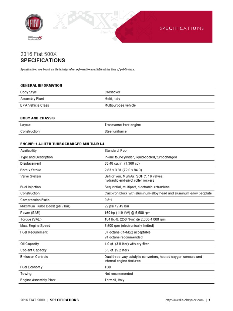 2016 FIAT 500X Specifications NAFTA PDF Engines Turbocharger